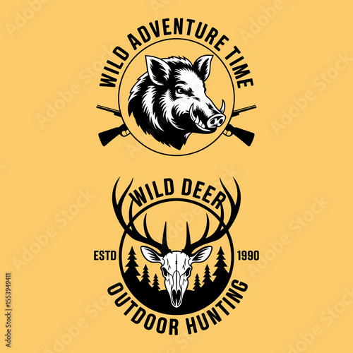 Set of Vintage-Style Hunting and Outdoor Adventure Logos, featuring a wild boar head with crossed rifles and a deer skull with antlers over trees, ideal for hunting clubs or wilderness brands.