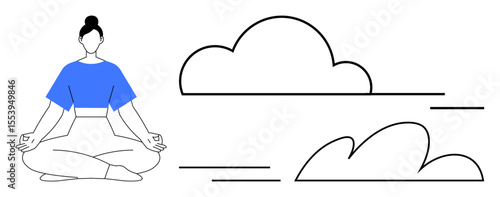 Calm woman in lotus position meditating, surrounded by minimalist cloud graphics. Ideal for wellness, mindfulness, meditation, relaxation, balance, serenity, breathing exercises simple flat metaphor