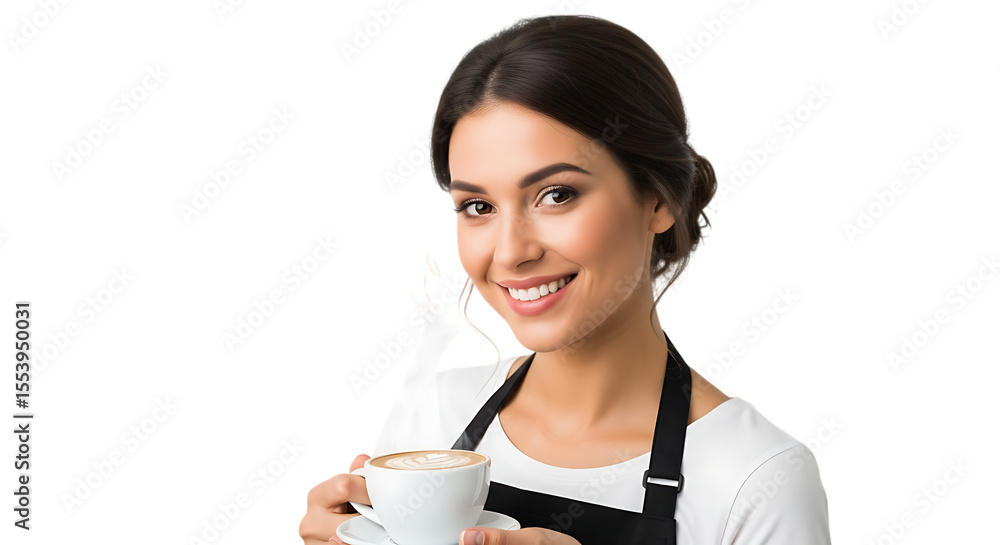 Happy Barista Woman Holding a Cup of Coffee with Latte Art Smiling at the Camera Isolated on Transparent Background Professional and Friendly Portrait Happy Barista Woman Holding a Cup of Coffee with Latte Art Smiling at the Camera Isolated on Transparent Background Professional and Friendly Portrait
