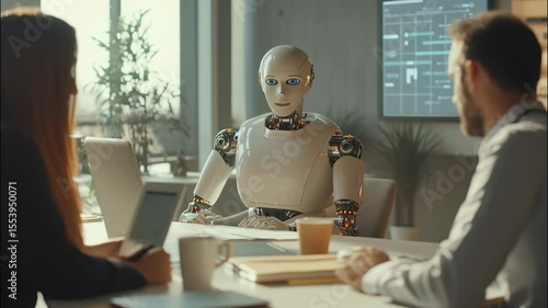 Humanoid AI robot engaging in business meeting with people, android speaking in modern office setting featuring diverse team.