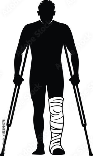 Injured Person Silhouette Vector – Man on Crutches with Leg Cast Illustration