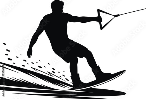 Wakeboarding Silhouette Vector – Man Surfing Water with Rope Handle