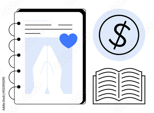 Notebook with praying hands and heart, dollar icon in circle, open book emphasizing faith, finance, learning. Ideal for spiritual budgeting, mindfulness, charitable giving, education gratitude