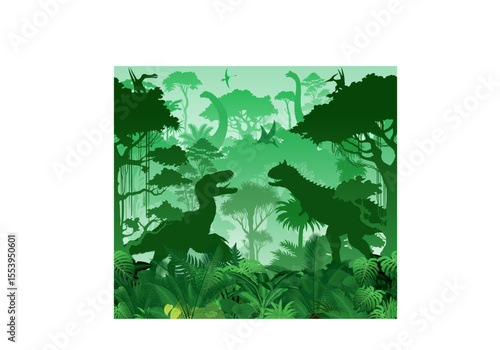 Seamless vector tropical forest with utahrapror, carnotaurus, raptor, Patagotitan, Brachiosaurus and pterodactyl