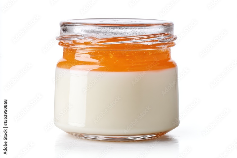 Peach jam yogurt in a glass jar on a white background Peach jam yogurt in a glass jar on a white background