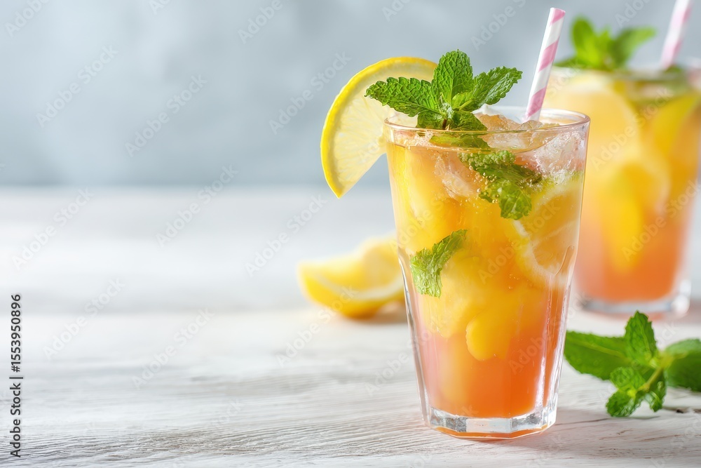 Cold peach mojito or lemonade mocktail with mint and lemon on a white wooden table Cold peach mojito or lemonade mocktail with mint and lemon on a white wooden table