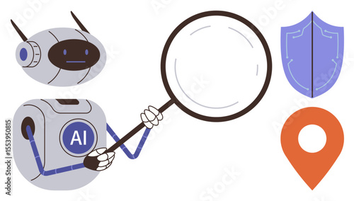 AI robot holding a magnifying glass examining concepts of data analysis, security, and geolocation concepts. Ideal for technology, innovation, research, data protection, cybersecurity, navigation