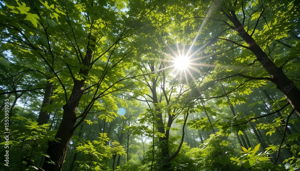 Obraz premium Sunlight filtering through canopy of green maple leaves, forest view