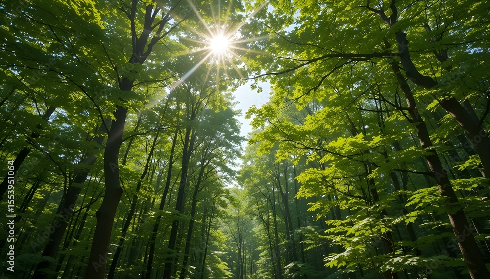 Naklejka premium Sunlight filtering through canopy of green maple leaves, forest view