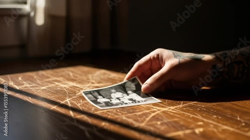 Tattooed hand holding a black and white family photo on a scratched wooden table