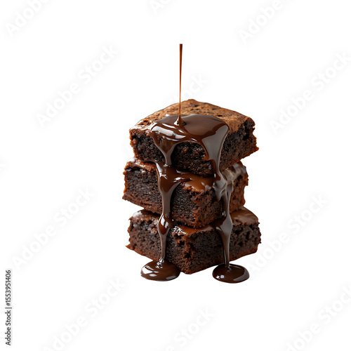 Delicious rich chocolate brownies with molten dark chocolate sauce pouring on top a perfect dessert
