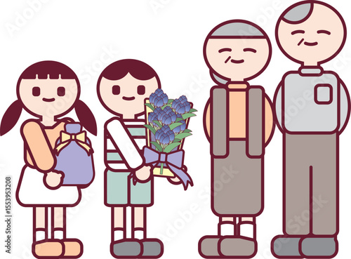 敬老の日にお花とプレゼントを渡す子供と祖父母のイラスト