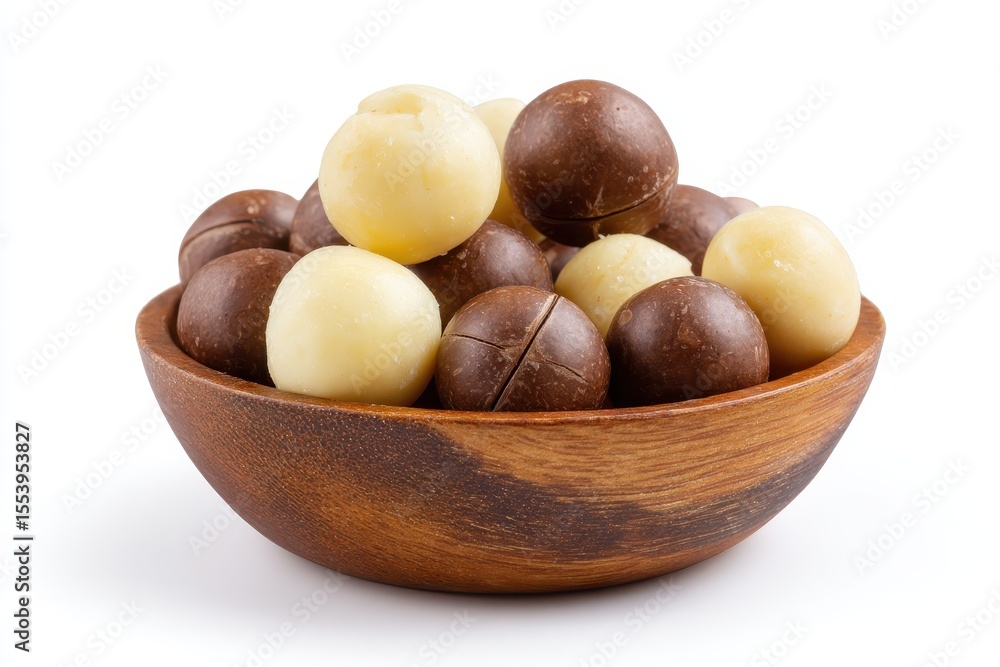 Roasted macadamia nut on a wooden plate against a white backdrop Roasted macadamia nut on a wooden plate against a white backdrop