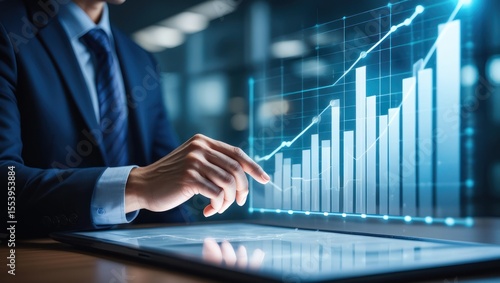 Businessman analyzing financial growth with digital data and charts