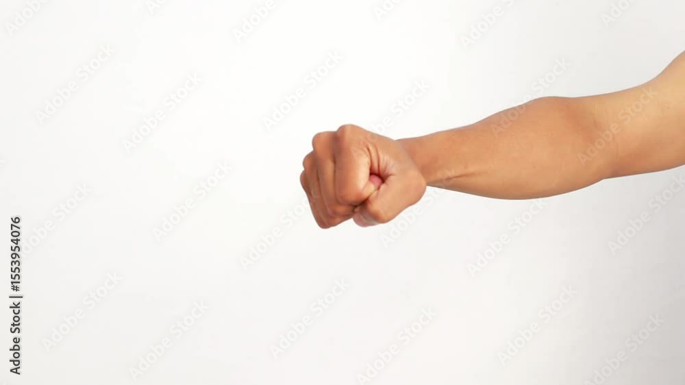 Various Human Arms in Fist Gestures against a Seamless White Background, Demonstrating Aggression Various Human Arms in Fist Gestures against a Seamless White Background, Demonstrating Aggression