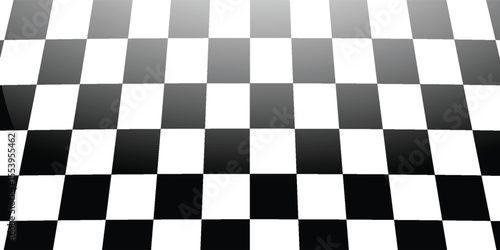 Retro perspective background stage with a black and white checkered floor, featuring vintage chess board style. Fading away vanishing checkerboard texture. Abstract vector illustration pattern surface