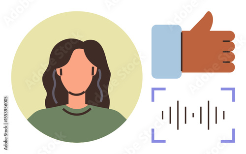 Female profile avatar, thumbs-up gesture, and sound waves illustrate voice feedback, approval, and communication. Ideal for user interaction, feedback systems, recognition technology, AI