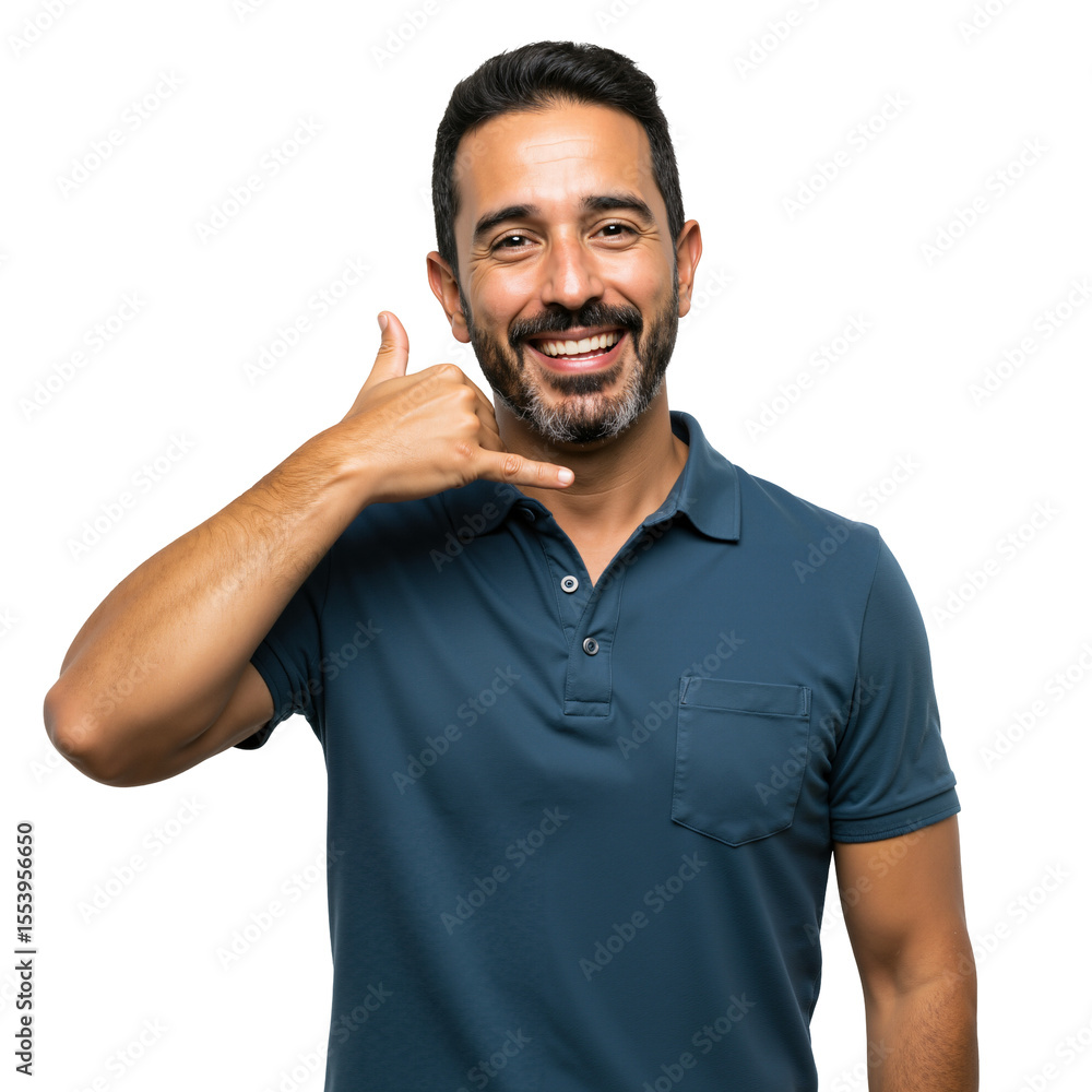 Smiling Adult Man Making Phone Gesture in Blue Polo Shirt on transparent background Smiling Adult Man Making Phone Gesture in Blue Polo Shirt on transparent background