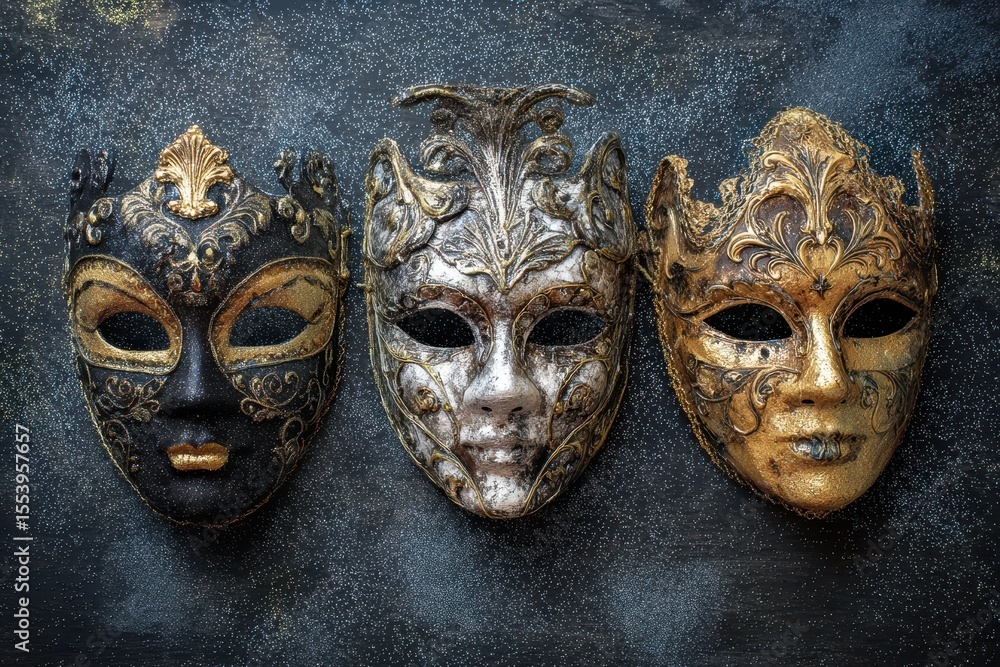 Masks in black gold and white on a dark silver glitter backdrop for holiday celebrations Carnival masquerade ball banner Masks in black gold and white on a dark silver glitter backdrop for holiday celebrations Carnival masquerade ball banner
