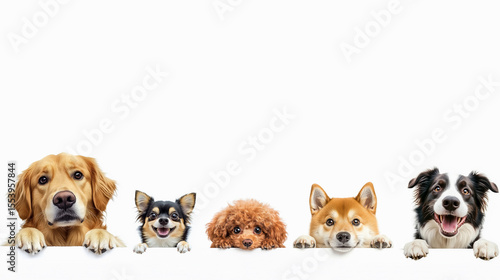 Group of Different Dog Breeds Peeking Over White Background
