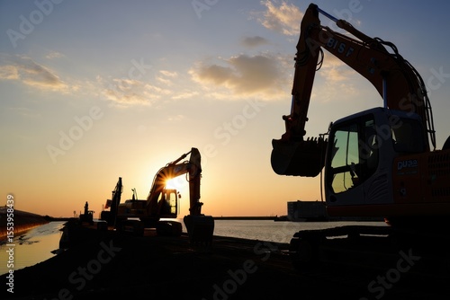 Wallpaper Mural Excavators silhouette at sunset by the water Torontodigital.ca