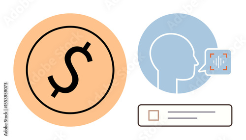 Dollar sign in peach circle, human profile with voice recognition graphics, checklist element. Ideal for technology, fintech, innovation, voice command, AI finance data flow. Simple flat metaphor