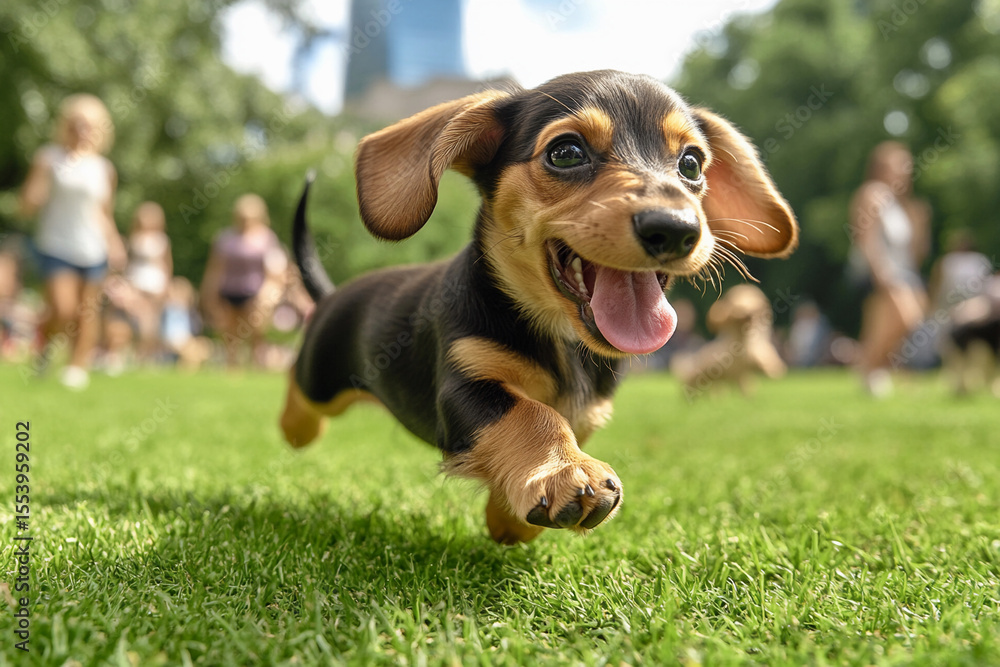 Happy Dachshund Running on Green Grass in Park
Happy Dachshund Running on Green Grass in Park