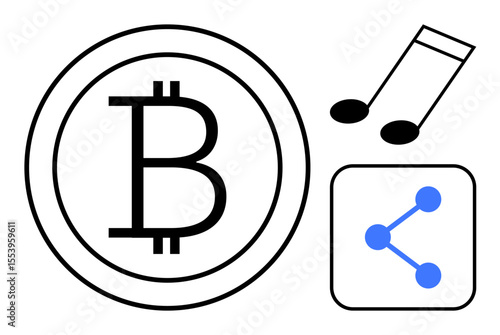 Bitcoin symbol in bold circle, music note, and network sharing icon. Ideal for finance, cryptocurrency, blockchain, music industry, digital sharing, networking simple landing page