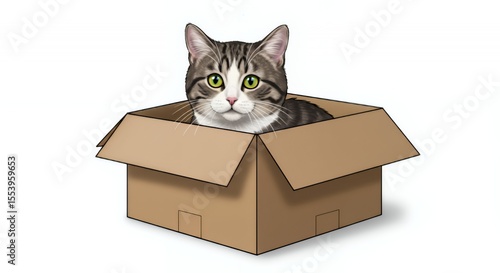 Tabby Cat Inside a Brown Cardboard Box Isolated on White Background Neutral Light Furry Domestic Animal Looking At Camera in Studio Shot Open Box Portrait Cute Feline