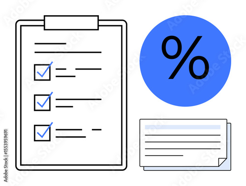 Checklist on clipboard, blue percentage symbol, and paper stack emphasizing tracking, planning, evaluation. Ideal for productivity, finance, organization, data management business strategies