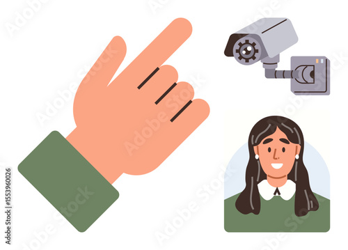 Raised hand pointing, security camera, and woman s photo suggest monitoring, permission access, or identity verification. Ideal for security, digital ID, biometrics, privacy consent surveillance