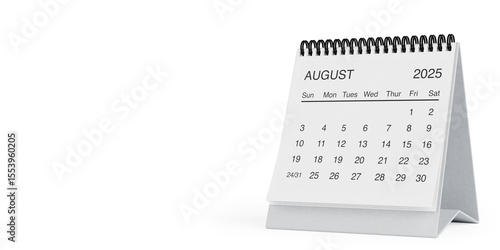 White Desk Monthly August 2025 Business Calendar. 3d Rendering