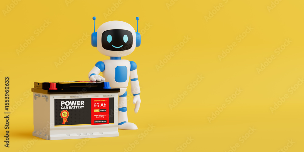 Obraz premium Electric Power Supply Concept. AI Robot Standing Next To Car Battery. 3d Rendering