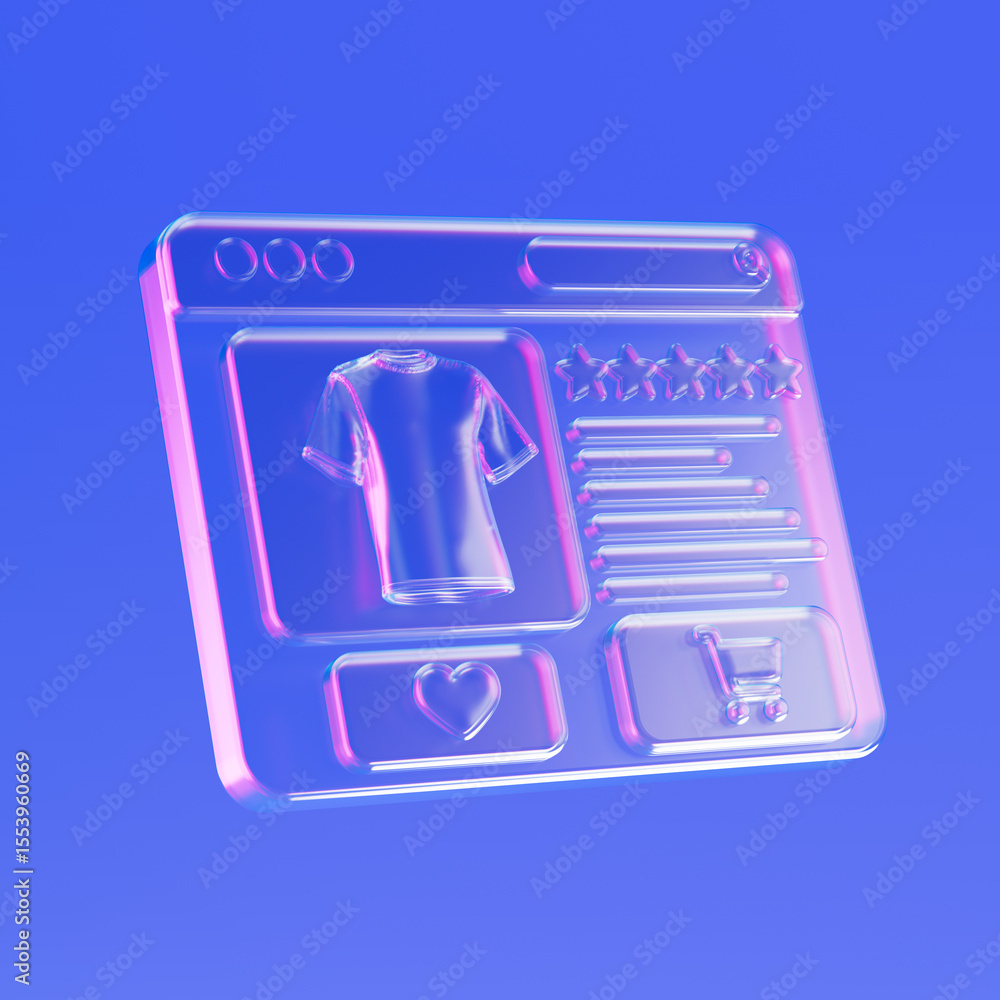 Online Shopping And Ecommerce Concept. Neon Light Transparent Glass Browser Interface With T Shirt And Rating Elements. 3d Rendering Online Shopping And Ecommerce Concept. Neon Light Transparent Glass Browser Interface With T Shirt And Rating Elements. 3d Rendering