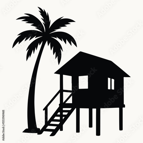 Beachside Getaway A Silhouette of a Palm Tree and a Hut Offering a Tropical Escape