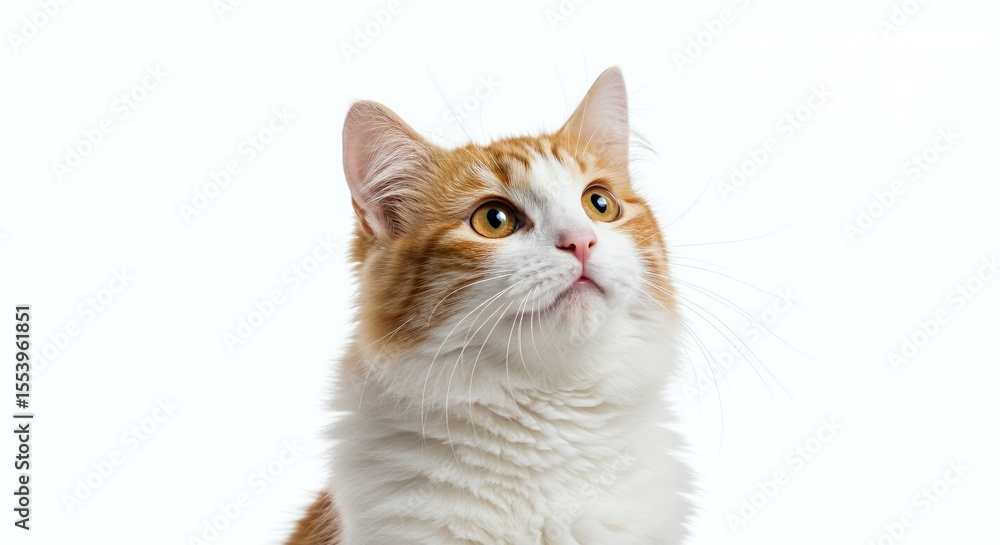 Orange And White Cat Gazing Upward Isolated On White Background In Studio Lighting With Sharp Details Orange And White Cat Gazing Upward Isolated On White Background In Studio Lighting With Sharp Details