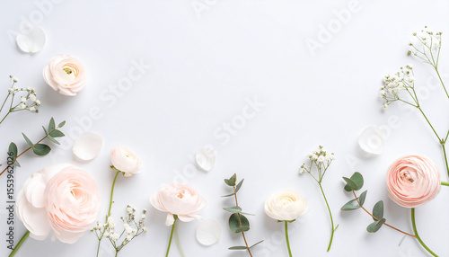 Delicate pastel ranunculus, baby's breath, and eucalyptus sprigs artfully arranged on a light gray background, creating a soft, romantic border with ample central space