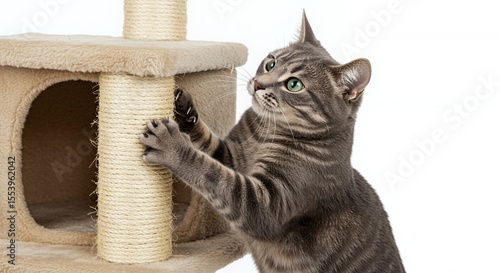 Grey Tabby Cat Scratching a Beige Cat Tree Isolated on White Background Enjoying Clawing Activity and Scratching Post with Green Eyes Indoor in Studio Shot