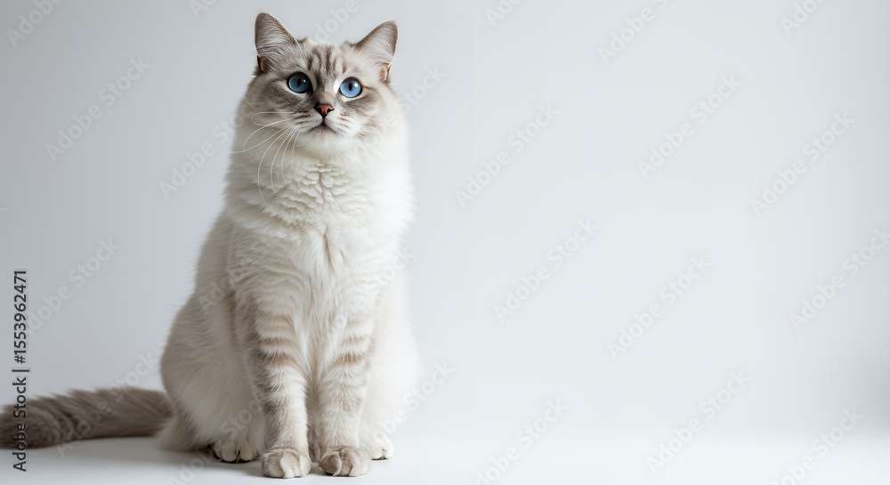 Majestic White Cat Sitting Upright on White Background with Piercing Blue Eyes Soft Lighting in a Studio Setting Majestic White Cat Sitting Upright on White Background with Piercing Blue Eyes Soft Lighting in a Studio Setting