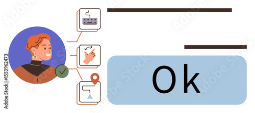 Person approving task completion visualized by icons representing a keyboard, hand gesture, location pin, and diagram. Ideal for workflow, approval, process management, task tracking, user