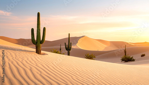 Sun-drenched desert landscape at sunrise featuring several saguaro cacti rising from gently undulating sand dunes under a soft, pastel sky