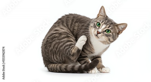 Grey and White Tabby Cat Scratching Neck on Seamless White Background with Green Eyes