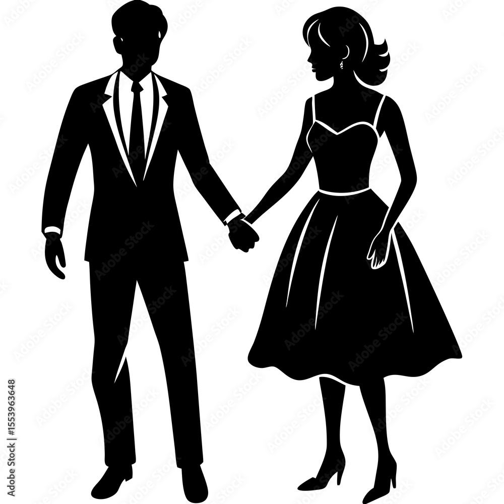 Fototapeta premium Couple Silhouette Vector: Romantic Pair Holding Hands Illustration for Love, Relationships, and Wedding Designs
