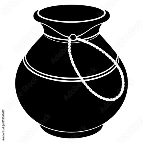 Clay water pot (matka) with rope tied around the neck , water jug Vector Illustration: Traditional Container for Water, Storage, and Rustic Designs
