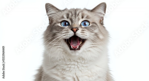 Smiling Gray and White Cat with Blue Eyes Isolated on White Background Mouth Open Showing Teeth Detail Portrait Feline Friendliness Furry Pet Indoor Studio Photography