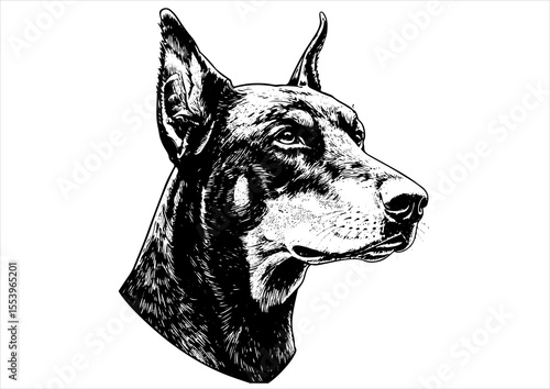 doberman dog pet portrait engraving intricate retro hand drawn style line art black and white vector illustration, isolated on white background
