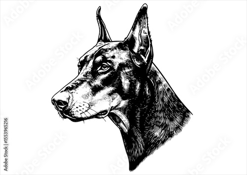 doberman dog pet portrait engraving intricate retro hand drawn style line art black and white vector illustration, isolated on white background
