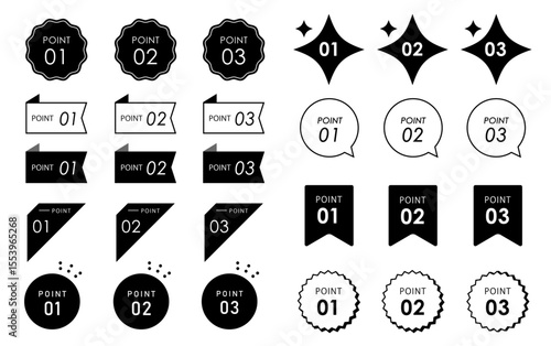 シンプルで使いやすいモノクロのポイント・POINT用見出しデザインセット(あしらい シンプル 飾り 装飾 ベクター 編集可能)	
