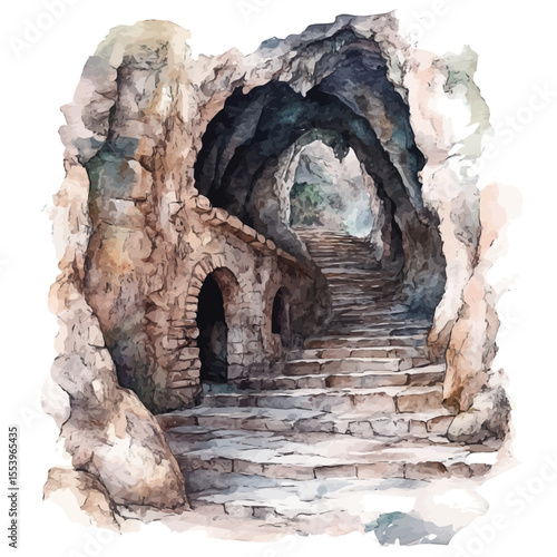 Caves And Catacombs, watercolor painting vector, isolated on a white background.