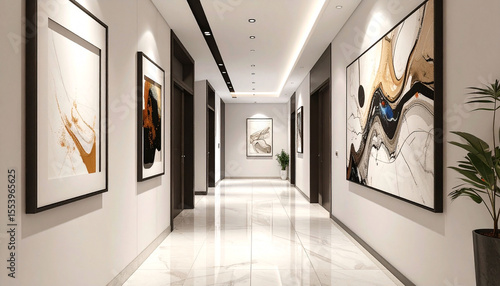 Modern hallway with marble floors, recessed lighting, and abstract artwork on the walls, leading to dark wood doors